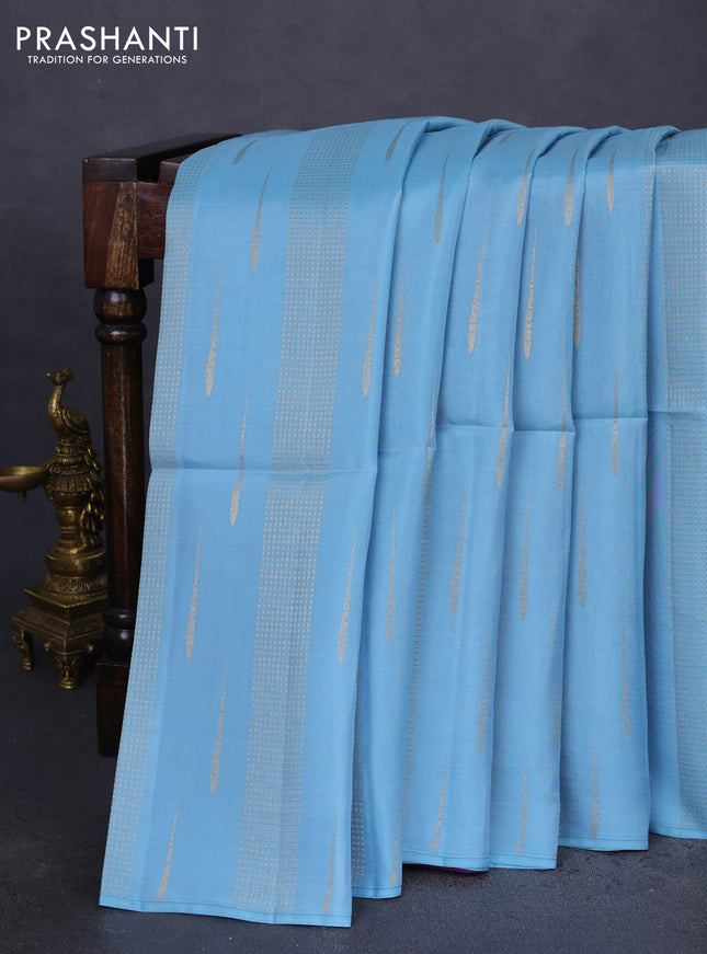 Kanchipuram soft silk saree pastel blue and purple with allover zari weaves & buttas in borderless style