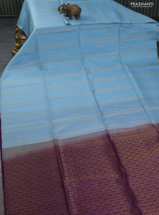 Kanchipuram soft silk saree pastel blue and purple with allover zari weaves & buttas in borderless style