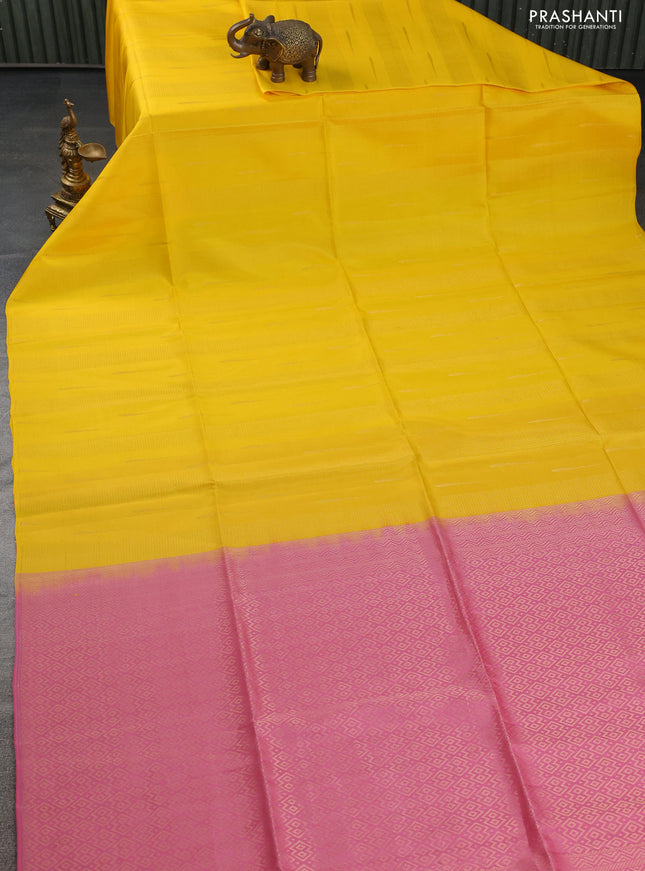 Kanchipuram soft silk saree yellow and peach pink with allover zari weaves & buttas in borderless style