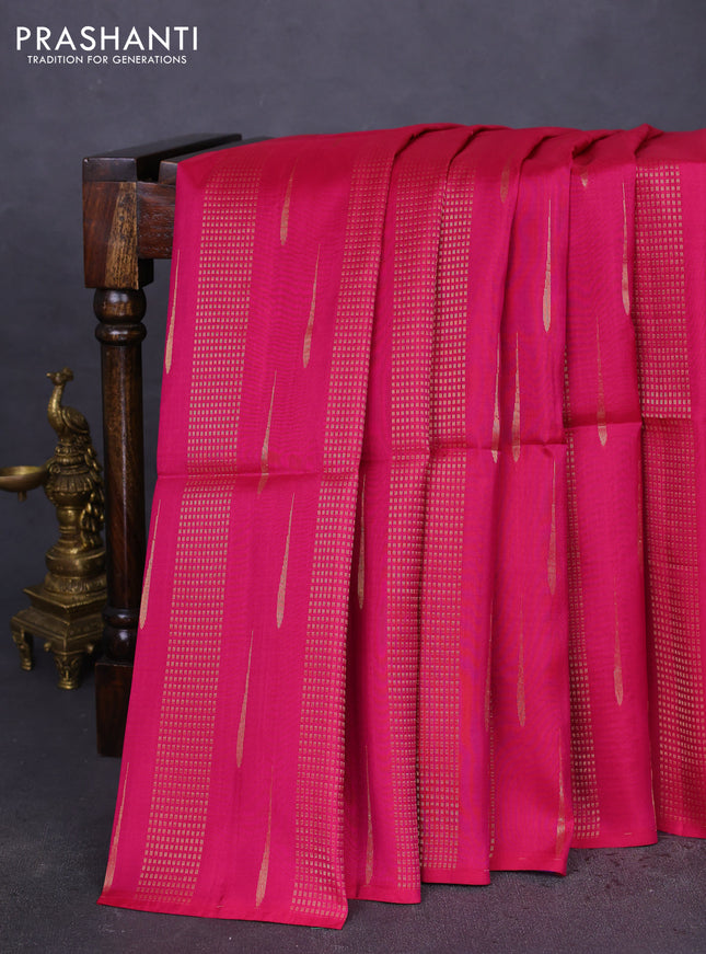 Kanchipuram soft silk saree magenta pink and blue with allover zari weaves & buttas in borderless style
