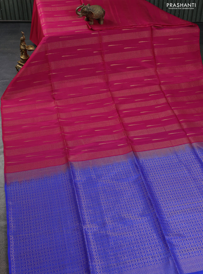 Kanchipuram soft silk saree magenta pink and blue with allover zari weaves & buttas in borderless style