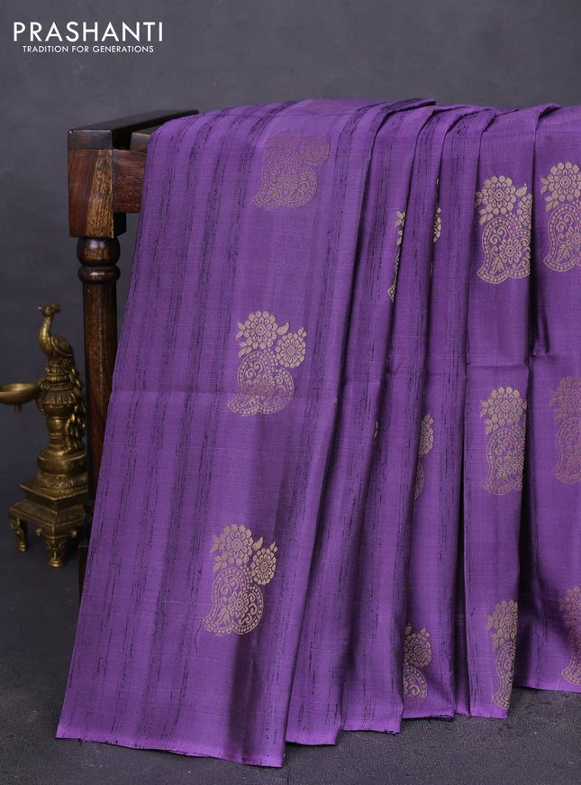 Kanchipuram soft silk saree violet shade and dark green with zari woven buttas & jute finish in borderless style