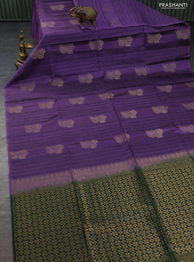 Kanchipuram soft silk saree violet shade and dark green with zari woven buttas & jute finish in borderless style
