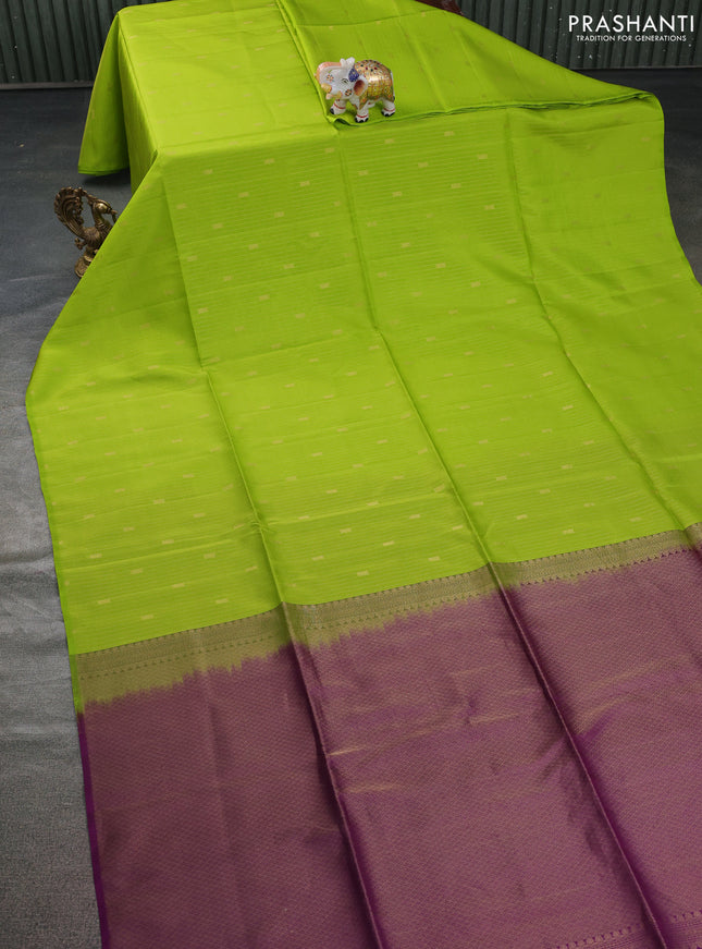 Kanchipuram soft silk saree light green and purple in borderless style Borderless style
