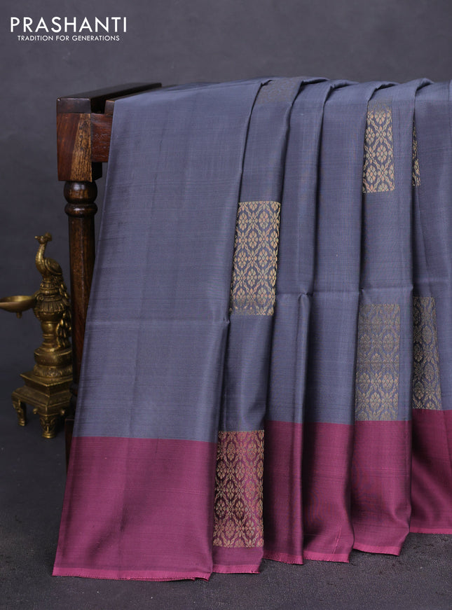 Kanchipuram soft silk saree grey and mauve pink with zari woven geometric box type buttas and zari woven butta border