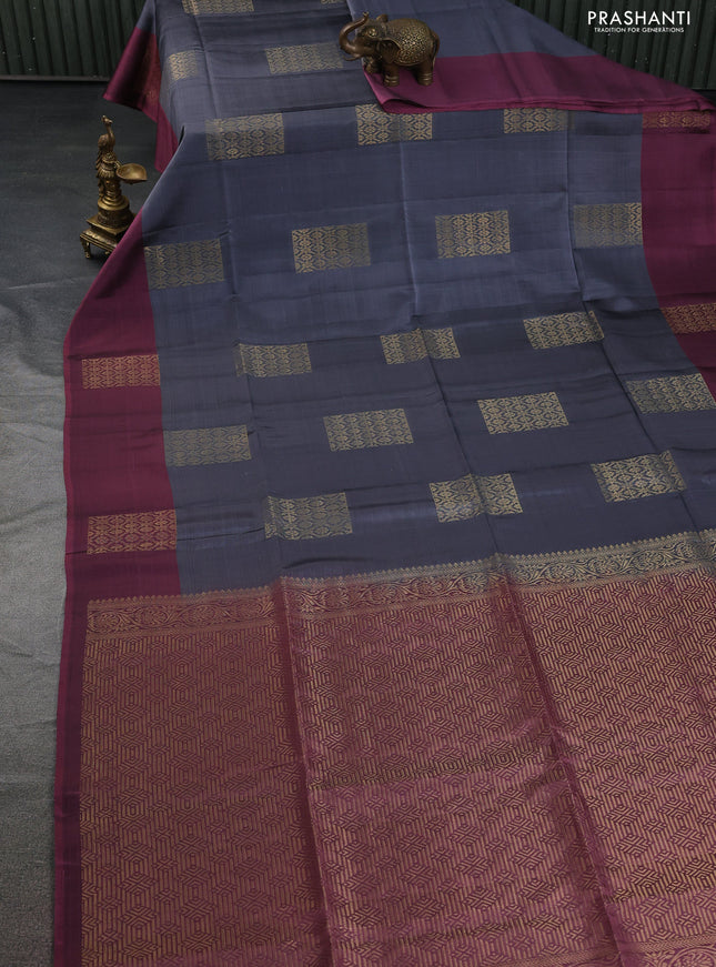 Kanchipuram soft silk saree grey and mauve pink with zari woven geometric box type buttas and zari woven butta border