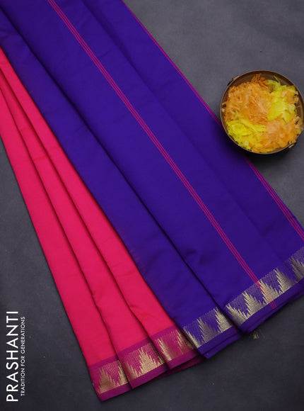 Semi silk cotton saree candy pink and violet shade with plain body and zari woven border