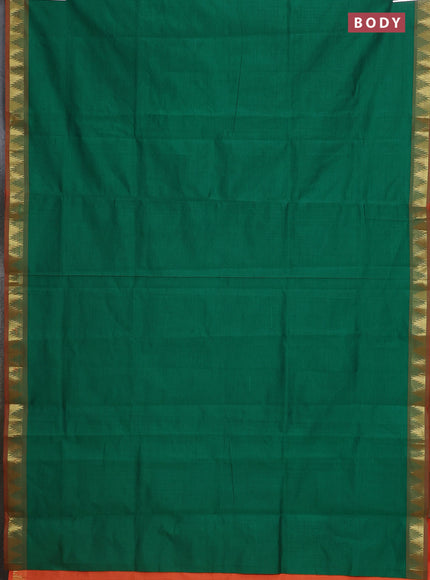 Semi silk cotton saree green and orange with plain body and zari woven border