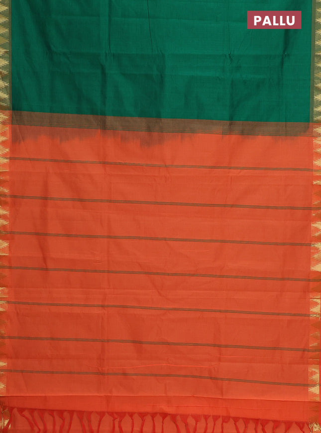 Semi silk cotton saree green and orange with plain body and zari woven border