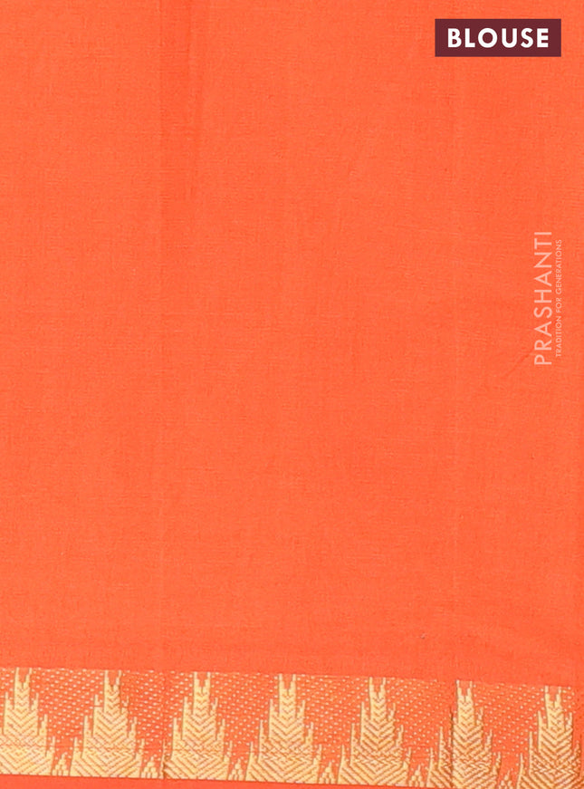 Semi silk cotton saree green and orange with plain body and zari woven border