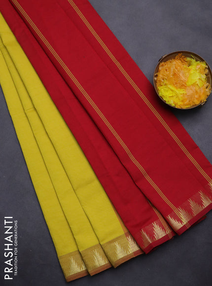 Semi silk cotton saree yellow and red with plain body and zari woven border