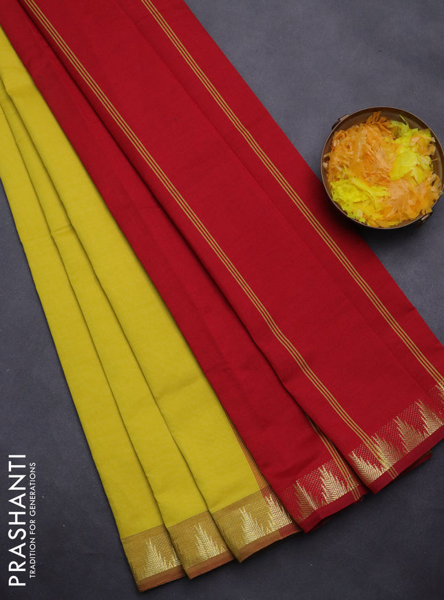 Semi silk cotton saree yellow and red with plain body and zari woven border