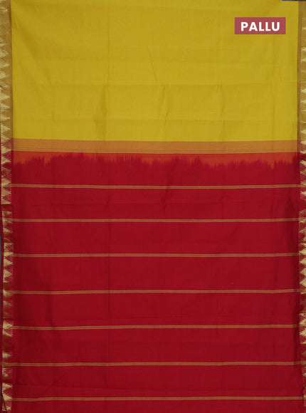 Semi silk cotton saree yellow and red with plain body and zari woven border