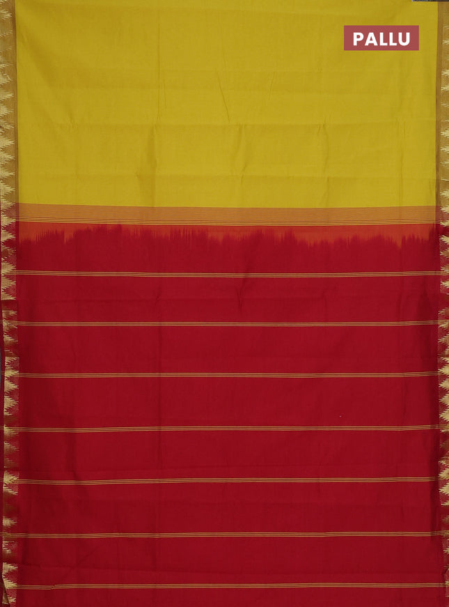 Semi silk cotton saree yellow and red with plain body and zari woven border