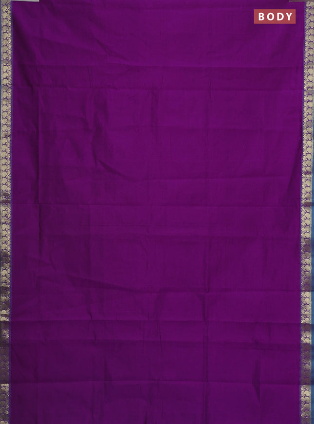 Semi silk cotton saree purple and teal blue with plain body and zari woven border