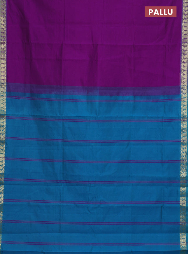 Semi silk cotton saree purple and teal blue with plain body and zari woven border