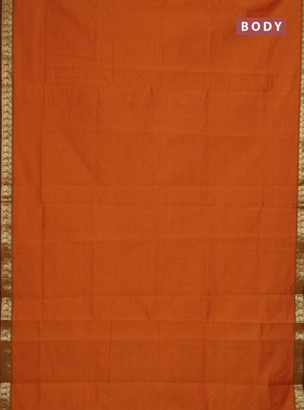 Semi silk cotton saree dark mustard and coffee brown with plain body and zari woven border