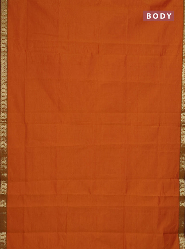 Semi silk cotton saree dark mustard and coffee brown with plain body and zari woven border