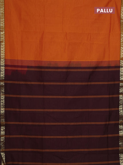 Semi silk cotton saree dark mustard and coffee brown with plain body and zari woven border