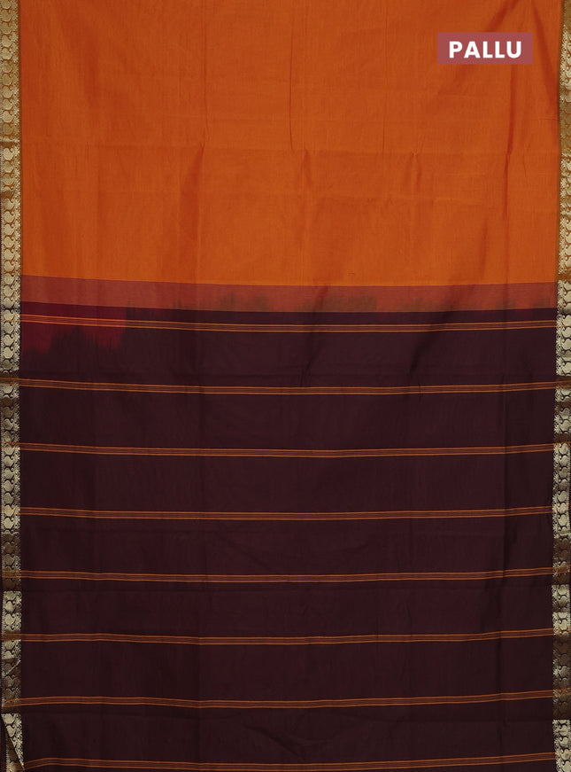 Semi silk cotton saree dark mustard and coffee brown with plain body and zari woven border