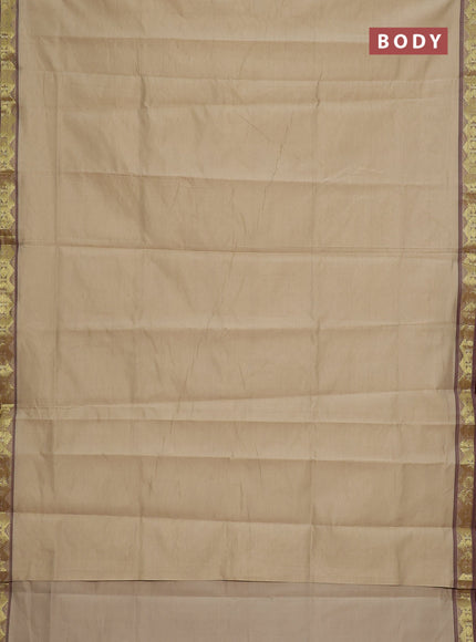 Semi silk cotton saree beige and deep maroon with plain body and zari woven border