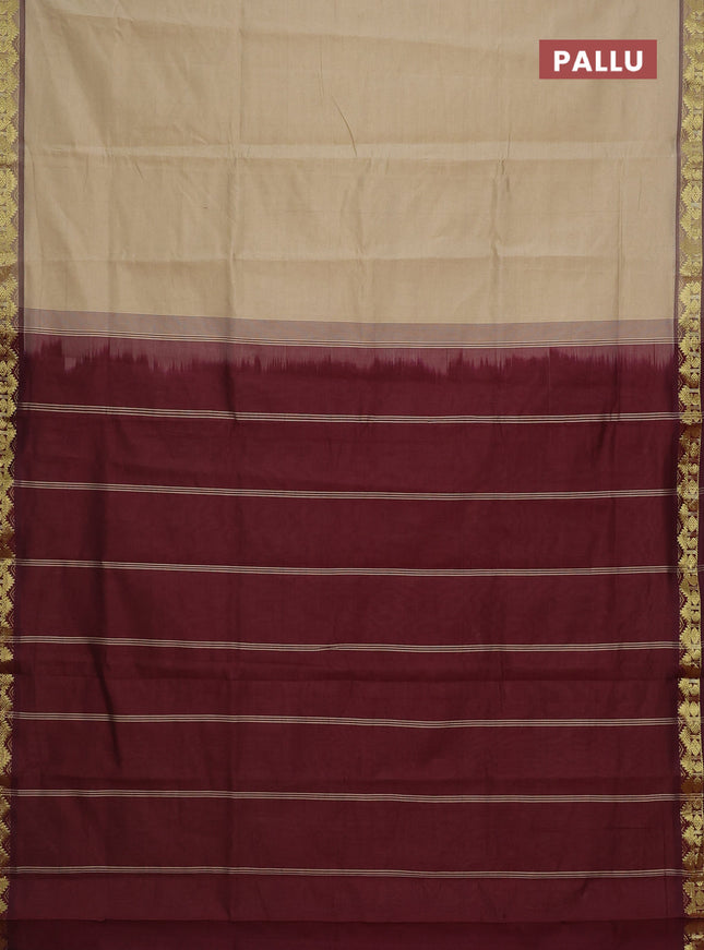 Semi silk cotton saree beige and deep maroon with plain body and zari woven border