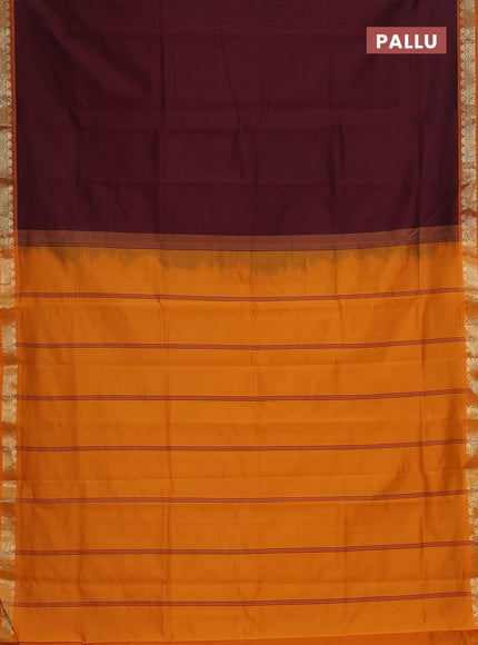 Semi silk cotton saree deep maroon and orange with plain body and zari woven border