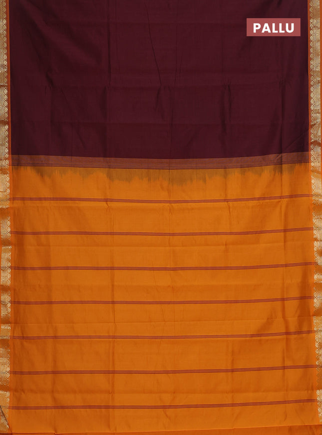 Semi silk cotton saree deep maroon and orange with plain body and zari woven border