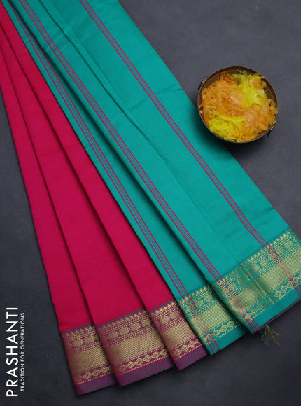 Semi silk cotton saree pink and teal blue with plain body and zari woven border