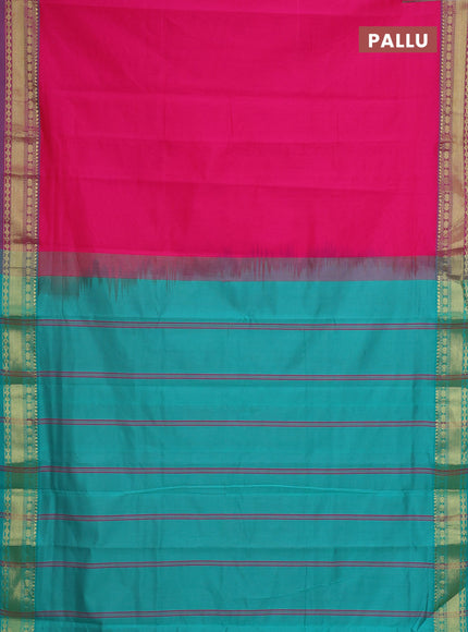 Semi silk cotton saree pink and teal blue with plain body and zari woven border