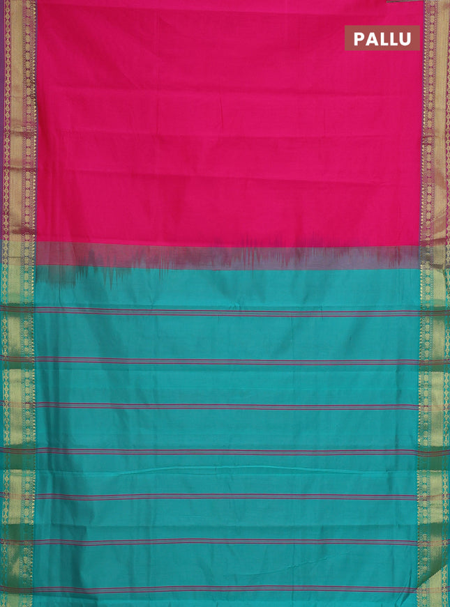 Semi silk cotton saree pink and teal blue with plain body and zari woven border