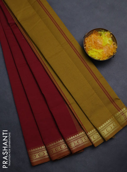 Semi silk cotton saree maroon and dark mustrad with plain body and zari woven border