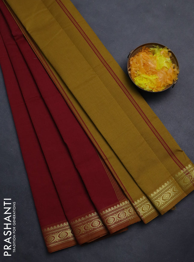 Semi silk cotton saree maroon and dark mustrad with plain body and zari woven border