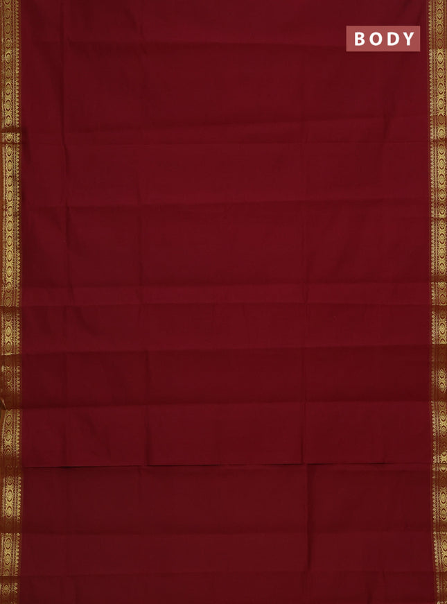 Semi silk cotton saree maroon and dark mustrad with plain body and zari woven border