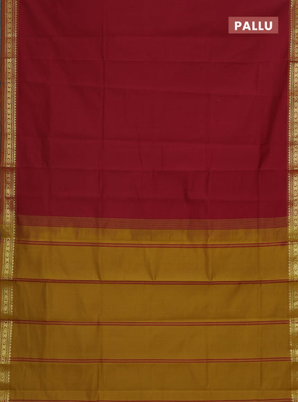 Semi silk cotton saree maroon and dark mustrad with plain body and zari woven border