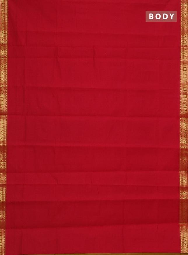 Semi silk cotton saree red and dark mustrad with plain body and zari woven border