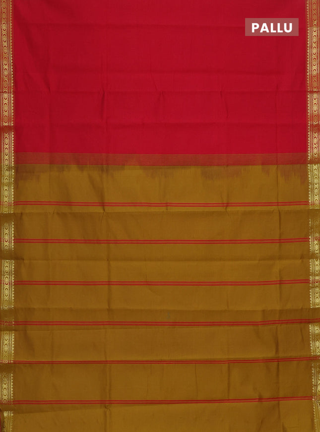 Semi silk cotton saree red and dark mustrad with plain body and zari woven border