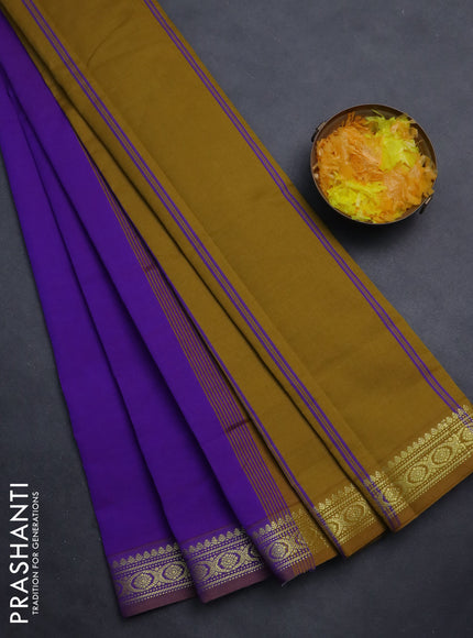 Semi silk cotton saree purple and dark mustrad with plain body and zari woven border