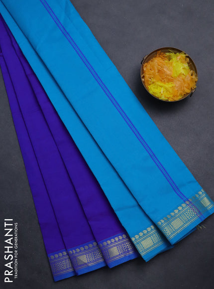Semi silk cotton saree dual shade of blue and teal blue with plain body and zari woven border