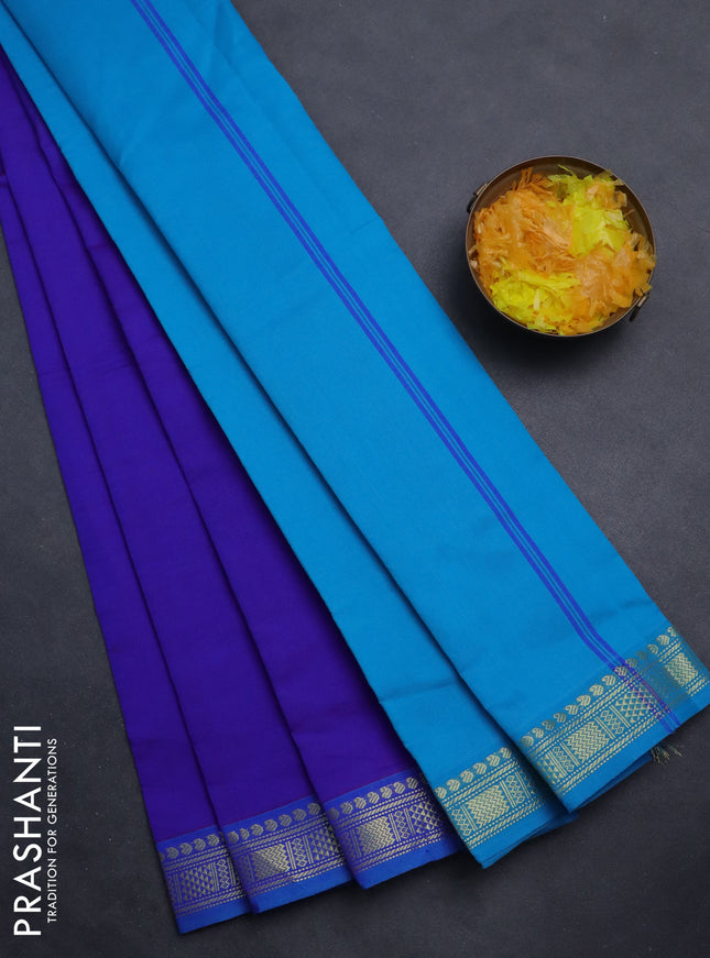 Semi silk cotton saree dual shade of blue and teal blue with plain body and zari woven border
