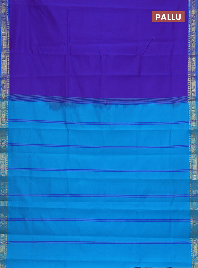 Semi silk cotton saree dual shade of blue and teal blue with plain body and zari woven border