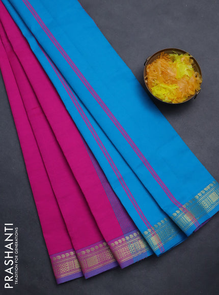 Semi silk cotton saree pink and cs blue with plain body and zari woven border