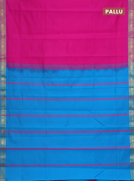 Semi silk cotton saree pink and cs blue with plain body and zari woven border