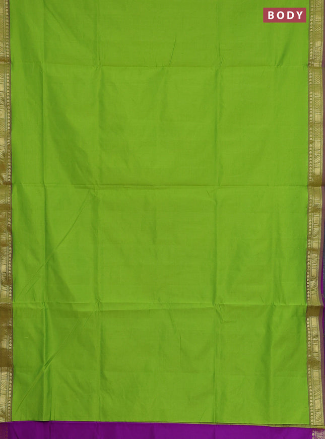 Semi silk cotton saree light green and purple with plain body and zari woven border