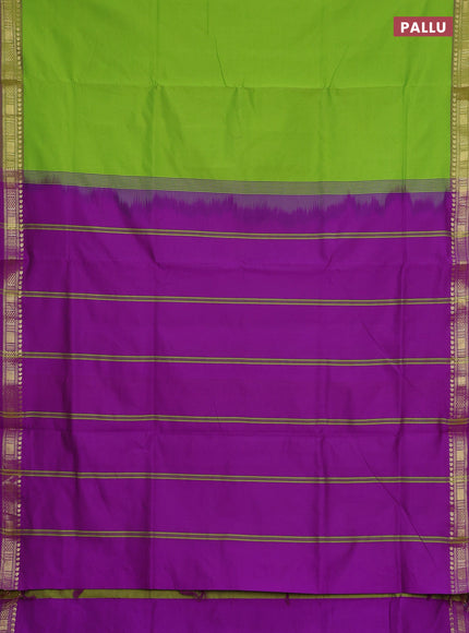 Semi silk cotton saree light green and purple with plain body and zari woven border