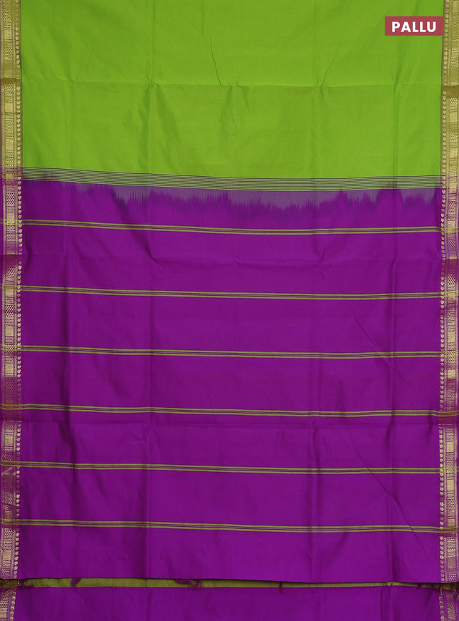 Semi silk cotton saree light green and purple with plain body and zari woven border