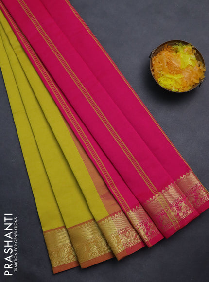 Semi silk cotton saree yellow and pink with plain body and zari woven border