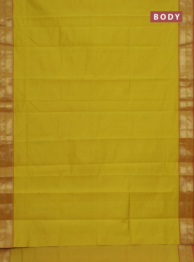 Semi silk cotton saree yellow and pink with plain body and zari woven border