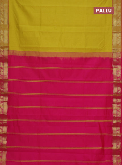 Semi silk cotton saree yellow and pink with plain body and zari woven border