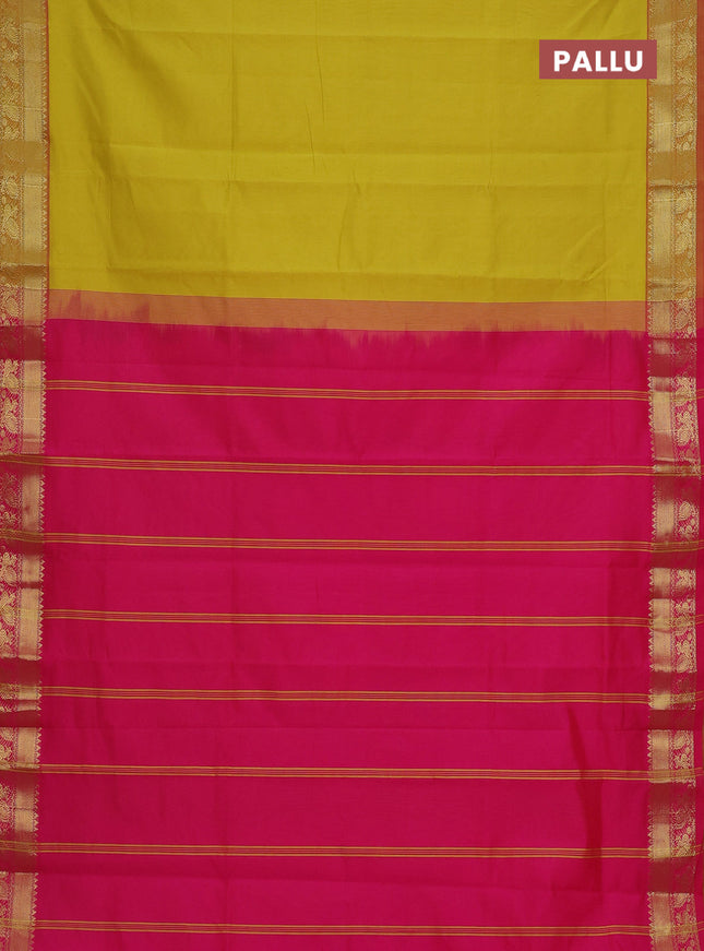 Semi silk cotton saree yellow and pink with plain body and zari woven border